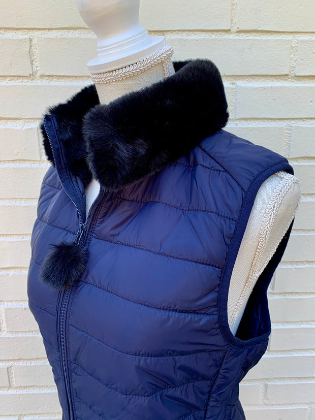 Blondie Navy Puffer Vest w Faux Black Fur (PFF Navy 2)