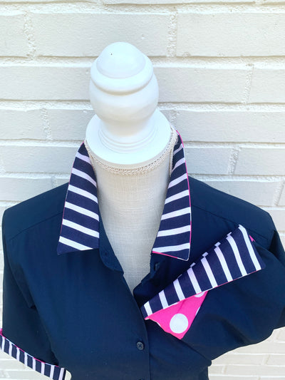 Elizabeth 3/4 Sleeve Navy w Stripes and Pink Polka Dot (3423)