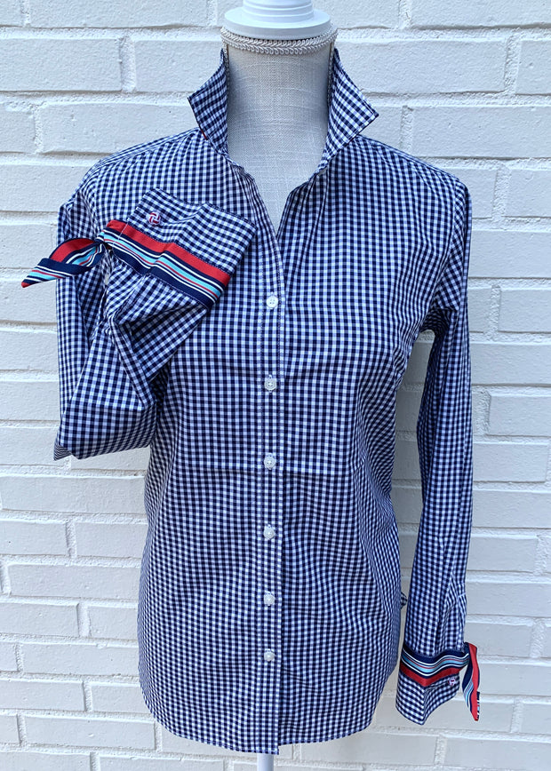 Audrey Navy Gingham Ribbon French Cuff Shirt (RFC14) Xs (0-2)