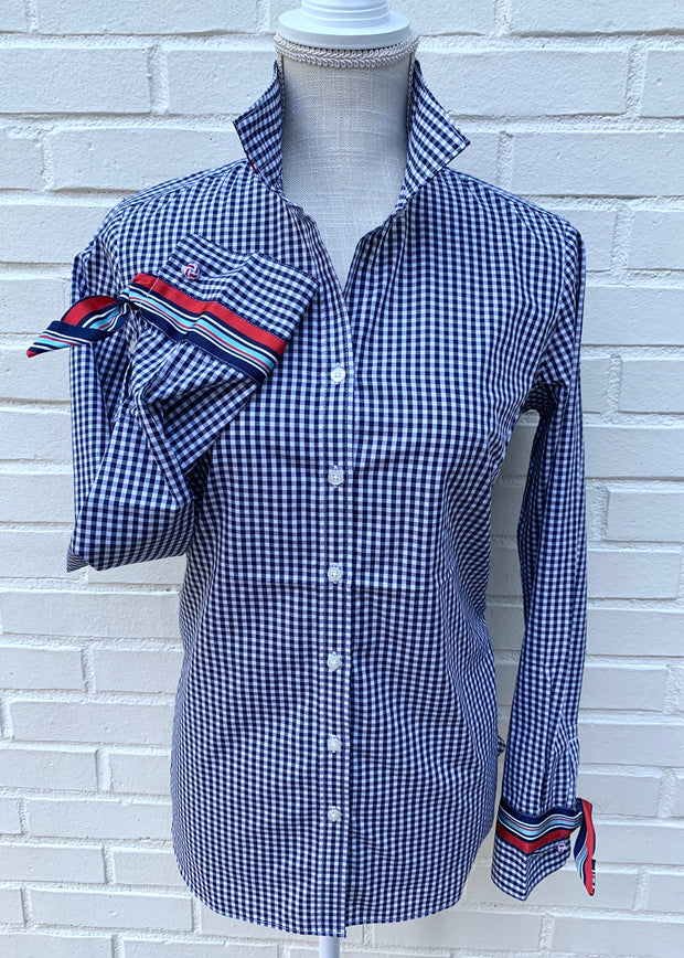 Audrey Navy Gingham Ribbon French Cuff Shirt  (RFC14)