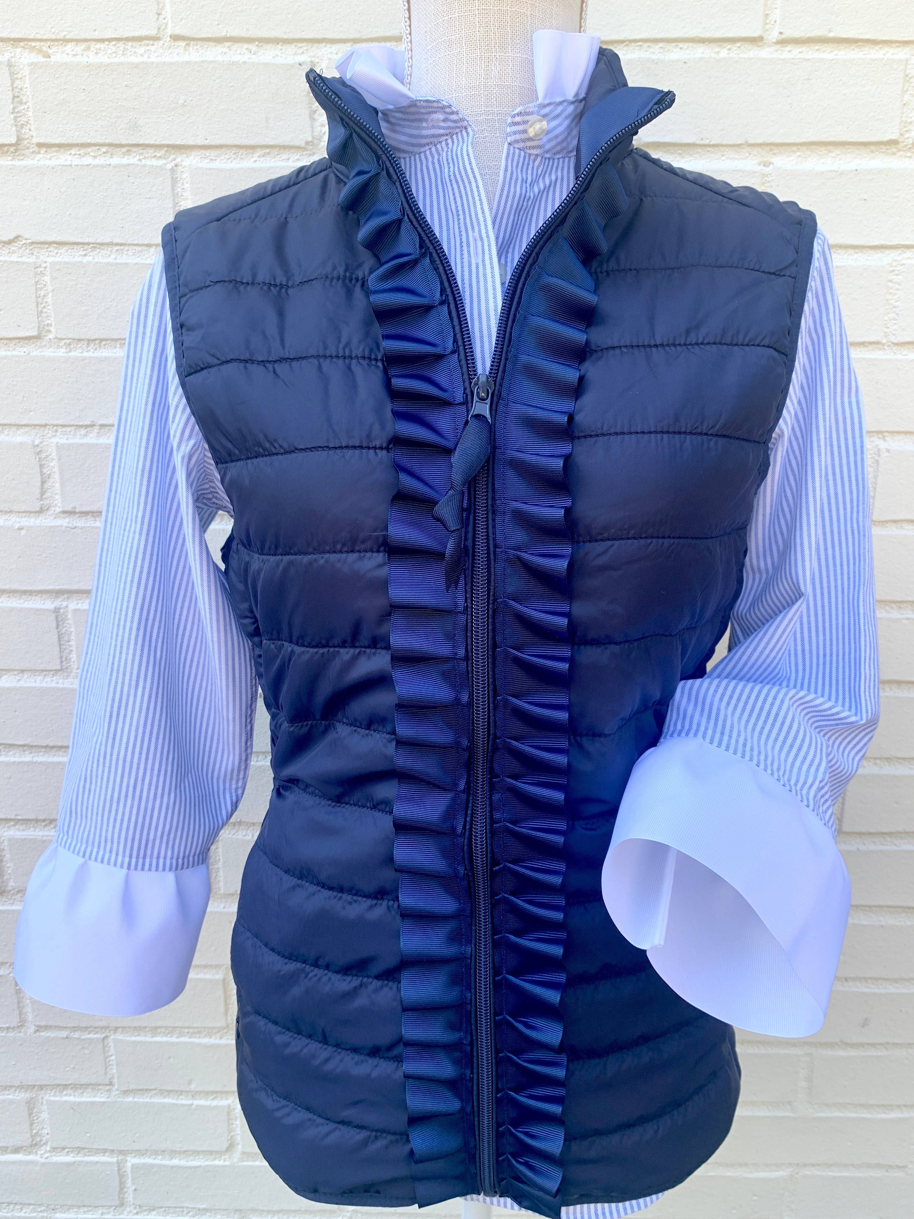 Maggie May Ruffled Ribbon Puffer Vest Navy w Navy (PF15) – Pearly Vine