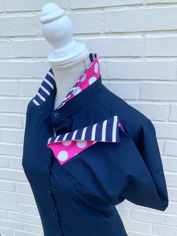 Elizabeth 3/4 Sleeve Navy w Stripes and Pink Polka Dot (3423)