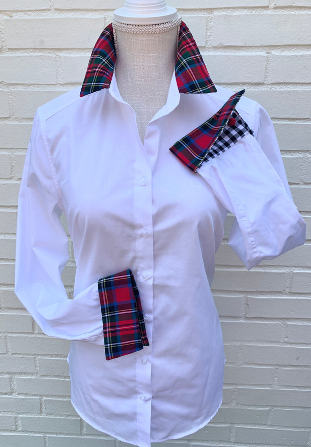SALE - Diana French Cuff White w Holiday Red Plaid & Black Check (DFC13) *FINAL SALE*