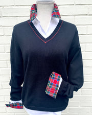 SALE - Diana French Cuff White w Holiday Red Plaid & Black Check (DFC13) *FINAL SALE*