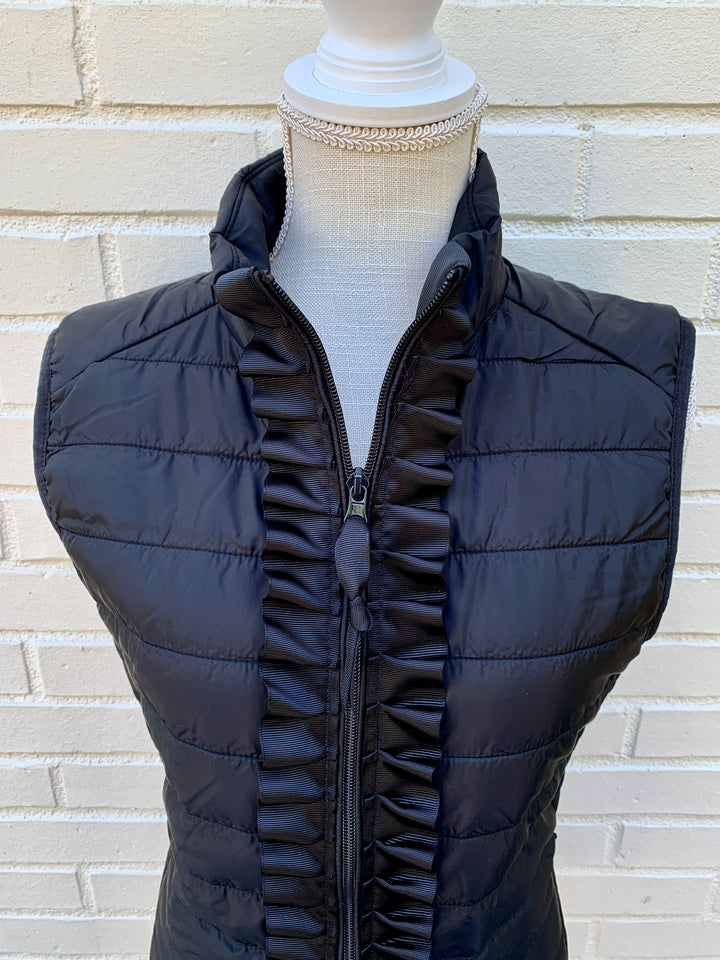 Maggie May Ruffled Ribbon Puffer Vest Black w Black (PF16)