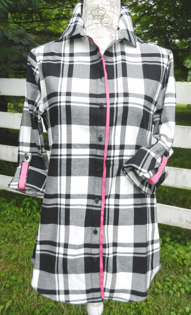 Saturday Tunic Black and White Plaid w Pink Ribbon (Sat-Pink)