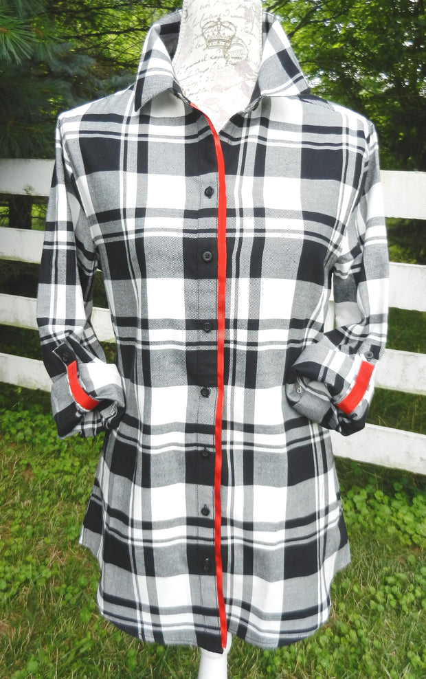 Saturday Tunic Black and White Plaid w Red Ribbon (Sat-Red)