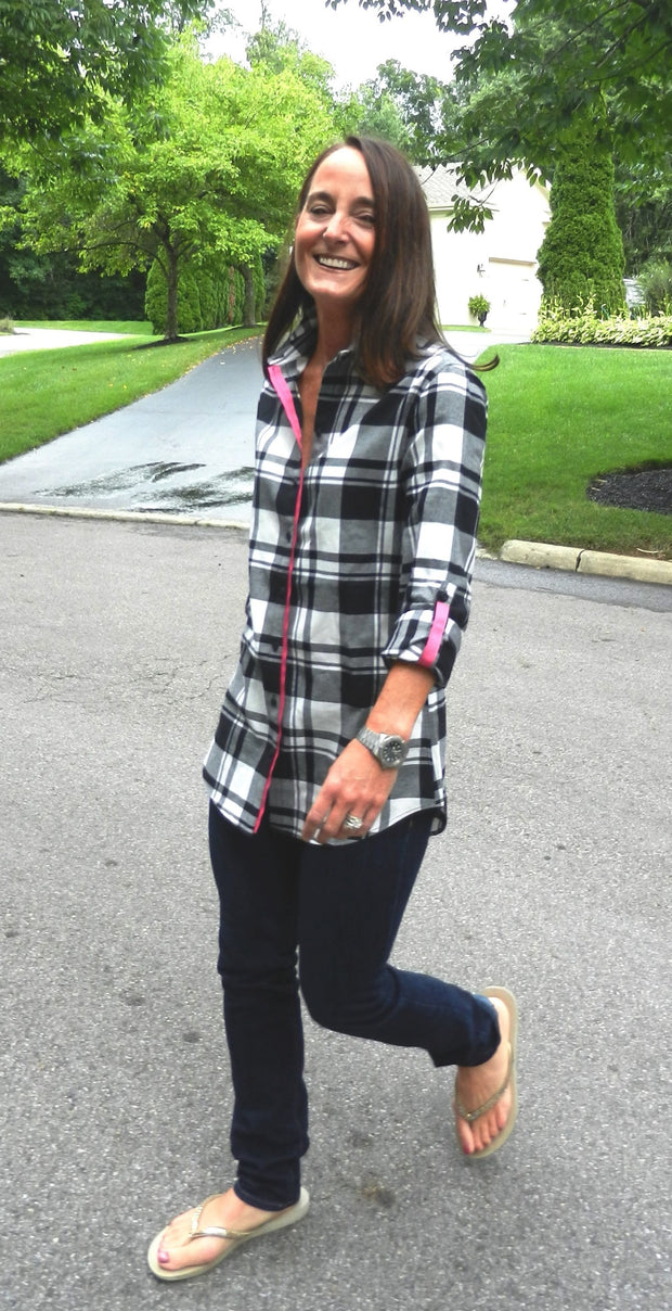 Saturday Tunic Black and White Plaid w Pink Ribbon (Sat-Pink)