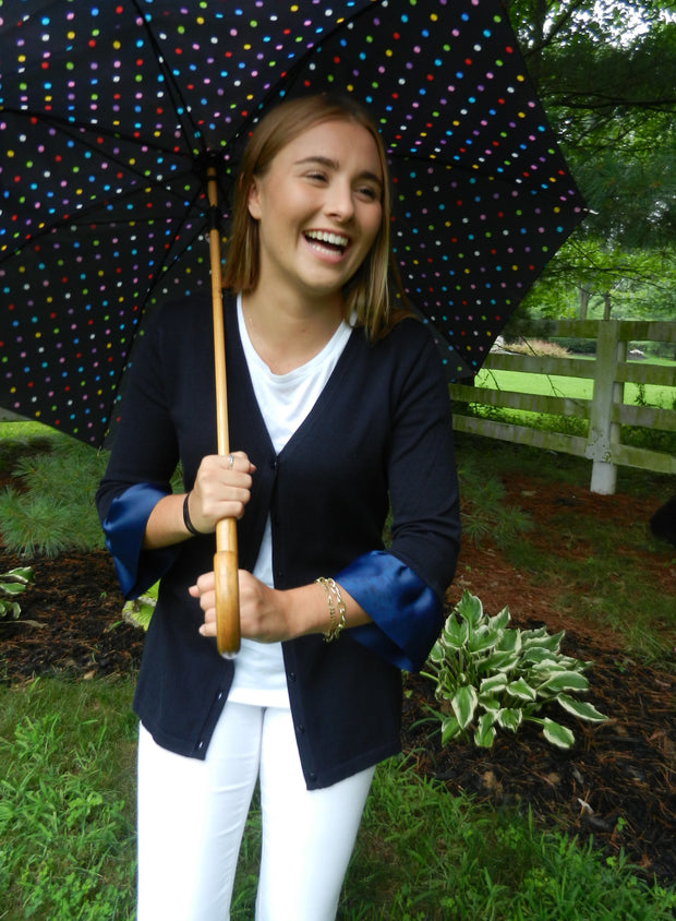 Wednesday Cardigan Navy w White Grosgrain 3/4 Sleeve - (WCNavy-White)