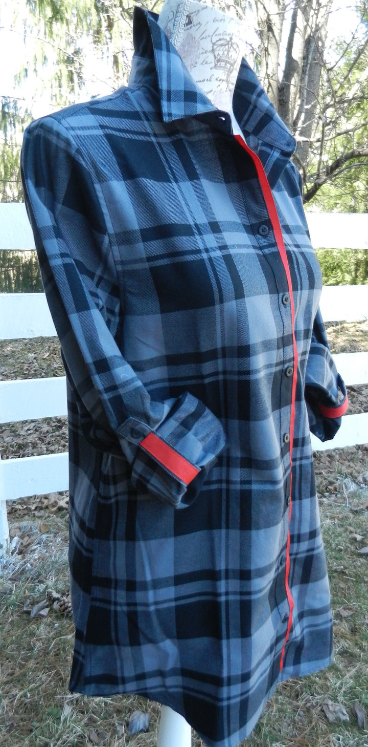 SALE - XL ONLY - Saturday Tunic Grey Plaid w Red Ribbon (Sat Grey-Red) *FINAL SALE*