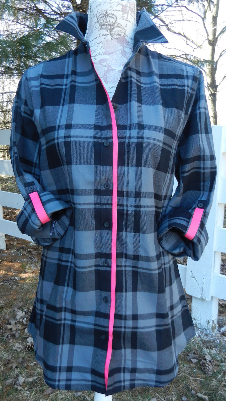 SALE - S & M ONLY - Saturday Tunic Grey Plaid w Pink Ribbon (Sat Grey-Pink) *FINAL SALE*