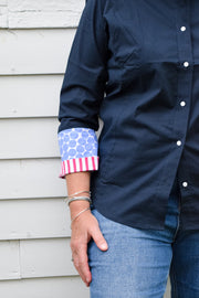 SALE - L, XL ONLY - Beth Bell Sleeve -Navy w/Periwinkle Dot & Pink Stripe (B14) *FINAL SALE*