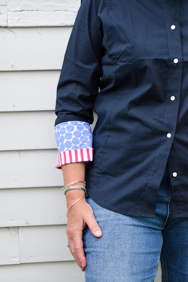SALE - L, XL ONLY - Beth Bell Sleeve -Navy w/Periwinkle Dot & Pink Stripe (B14) *FINAL SALE*
