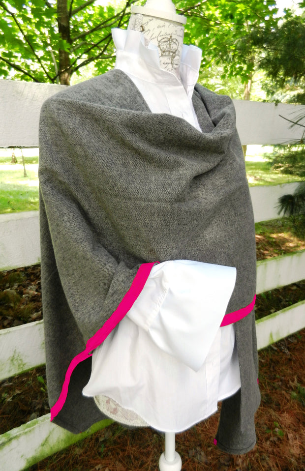 Cotton Cape in Grey Herringbone with Pink Ribbon