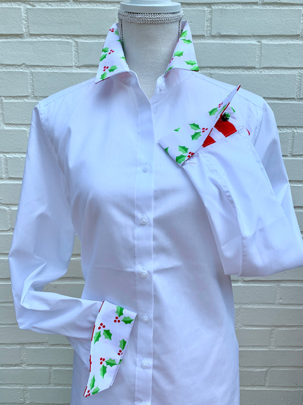SALE S, M ONLY - Diana French Cuff White w Holly (DFC09)  **FINAL SALE**