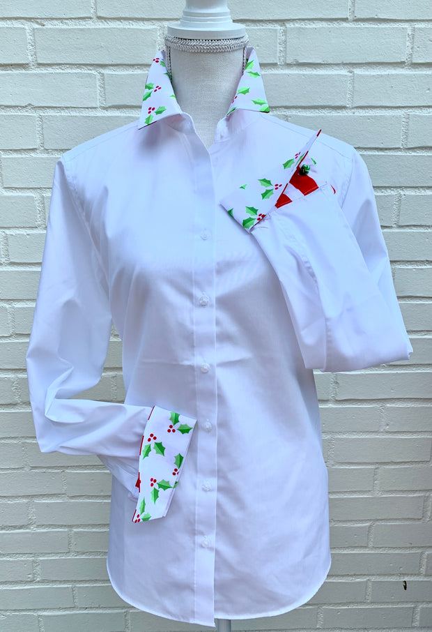 SALE S, M ONLY - Diana French Cuff White w Holly (DFC09)  **FINAL SALE**