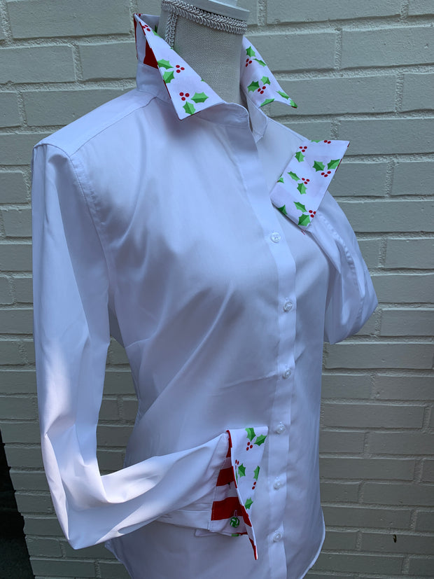 SALE S, M ONLY - Diana French Cuff White w Holly (DFC09)  **FINAL SALE**
