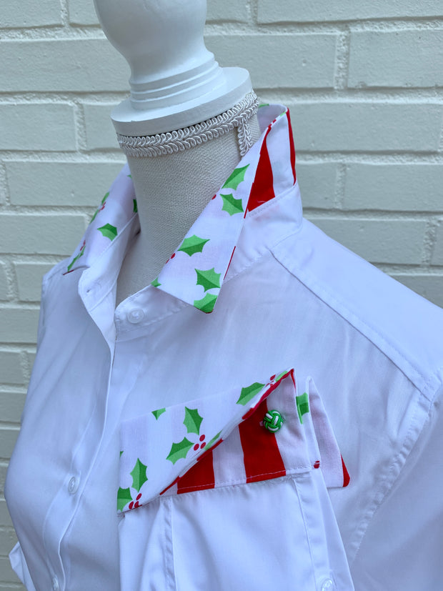 SALE S, M ONLY - Diana French Cuff White w Holly (DFC09)  **FINAL SALE**