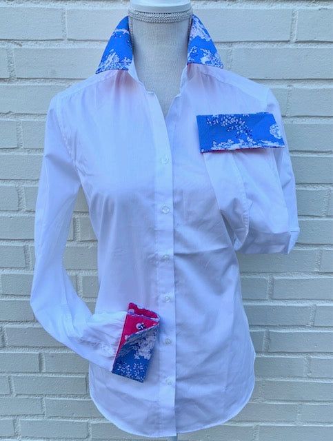 Diana French Cuff White w Blue Toile/ Pink Polka Dots  (DFC12)