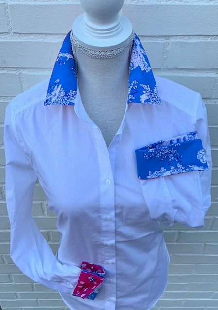 Diana French Cuff White w Blue Toile/ Pink Polka Dots  (DFC12)