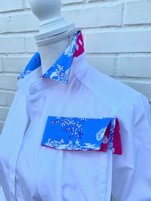 Diana French Cuff White w Blue Toile/ Pink Polka Dots  (DFC12)