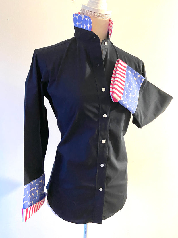 SALE - L, XL ONLY - Beth Bell Sleeve -Navy w/Periwinkle Dot & Pink Stripe (B14) *FINAL SALE*