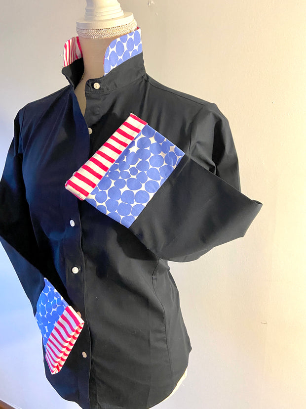 SALE - L, XL ONLY - Beth Bell Sleeve -Navy w/Periwinkle Dot & Pink Stripe (B14) *FINAL SALE*