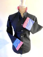 SALE - L, XL ONLY - Beth Bell Sleeve -Navy w/Periwinkle Dot & Pink Stripe (B14) *FINAL SALE*