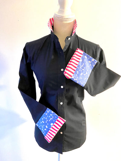 SALE - L, XL ONLY - Beth Bell Sleeve -Navy w/Periwinkle Dot & Pink Stripe (B14) *FINAL SALE*