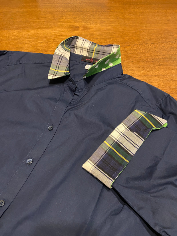 SALE L ONLY - Elizabeth 3/4 Sleeve Navy w Plaid and Green Polka Dot  **FINAL SALE**