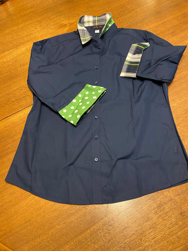 SALE L ONLY - Elizabeth 3/4 Sleeve Navy w Plaid and Green Polka Dot  **FINAL SALE**