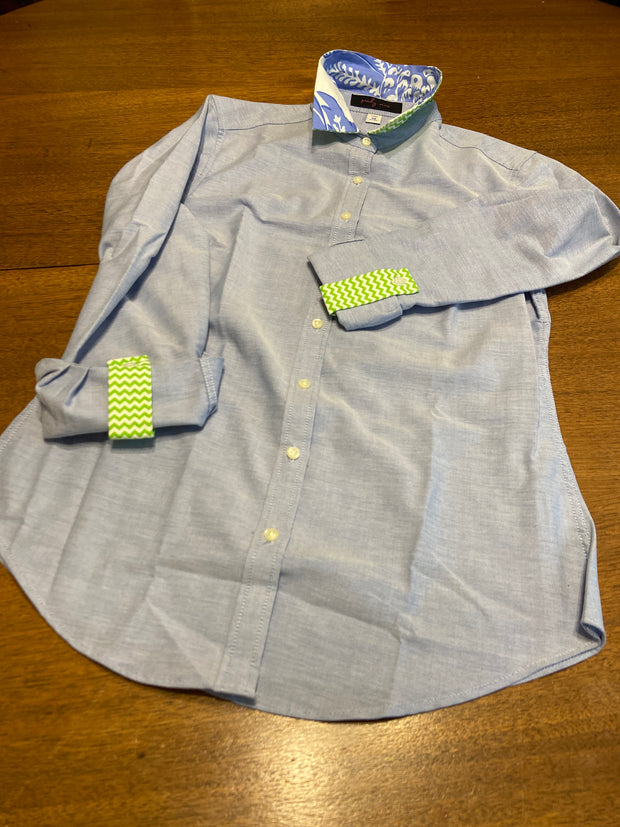 SALE XS ONLY - Blue Oxford Tab w Toile/ Green Chevron Blue Floral Collar and Sleeve Tab  **FINAL SALE**