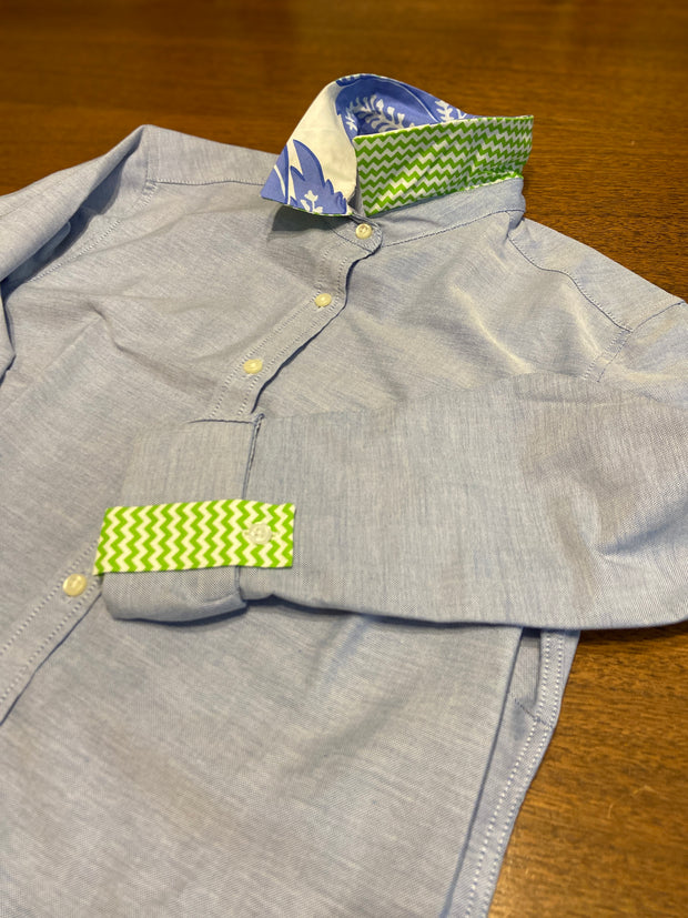 SALE XS ONLY - Blue Oxford Tab w Toile/ Green Chevron Blue Floral Collar and Sleeve Tab  **FINAL SALE**
