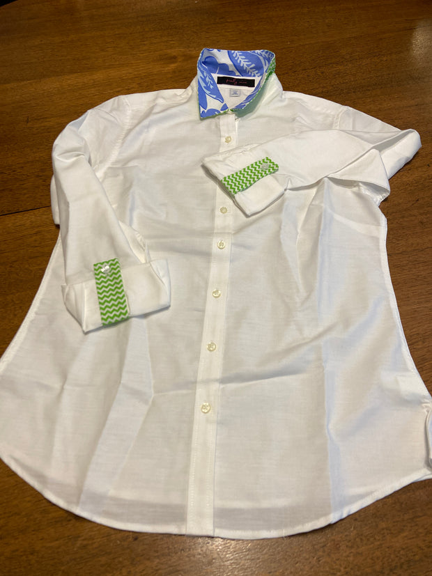 SALE XS ONLY - White Oxford Tab w Toile/ Green Chevron Blue Floral Collar and Sleeve Tab  **FINAL SALE**
