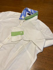 SALE XS ONLY - White Oxford Tab w Toile/ Green Chevron Blue Floral Collar and Sleeve Tab  **FINAL SALE**