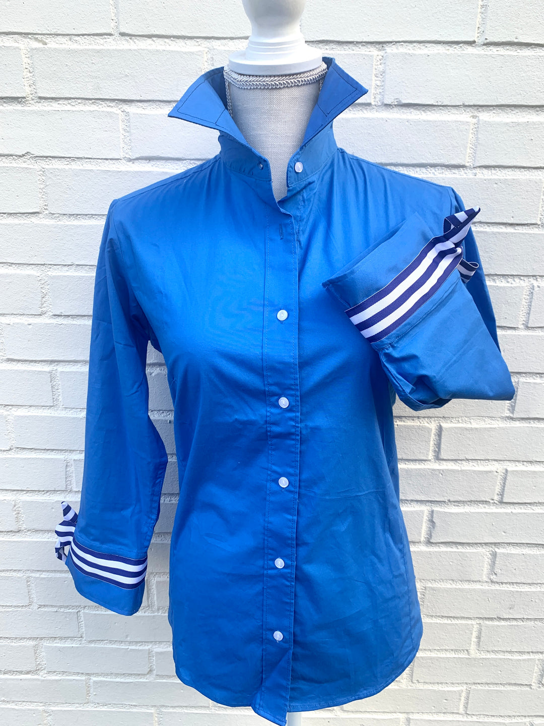 SALE - XS & M ONLY - Ann Royal w Royal Stripe Ribbon Tie Shirt (Ann10) *FINAL SALE*