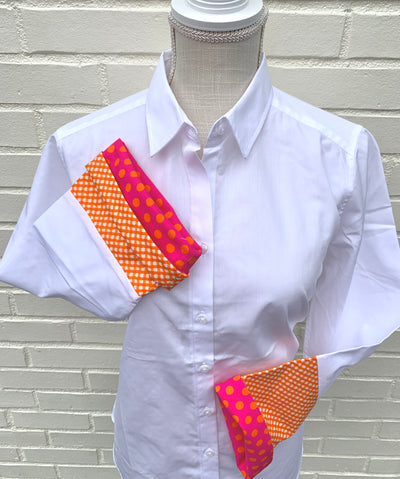 SALE - S ONLY - Annie Bell Sleeve Shirt - White w Orange Lattice & Orange Dot (Annie02) *FINAL SALE*