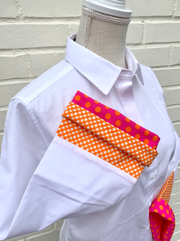 SALE - S ONLY - Annie Bell Sleeve Shirt - White w Orange Lattice & Orange Dot (Annie02) *FINAL SALE*