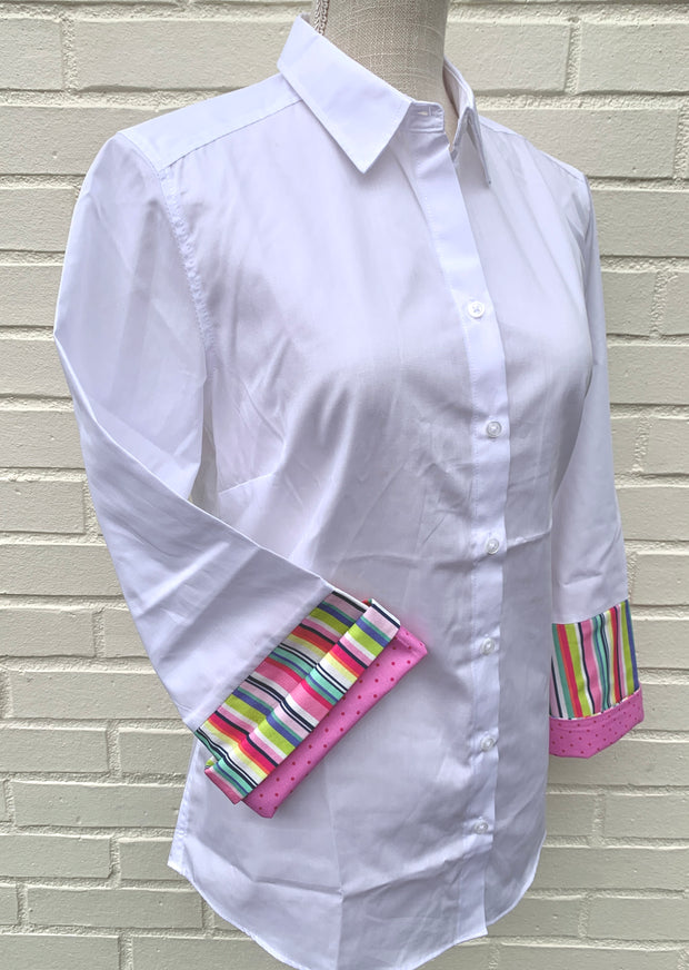 Annie Bell Sleeve Shirt - White w Multi Stripe & Pink Dot (Annie01)
