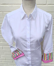 Annie Bell Sleeve Shirt - White w Multi Stripe & Pink Dot (Annie01)