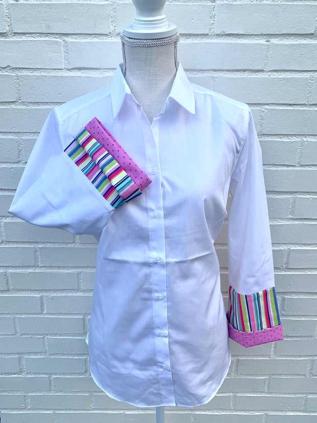 Annie Bell Sleeve Shirt - White w Multi Stripe & Pink Dot (Annie01)