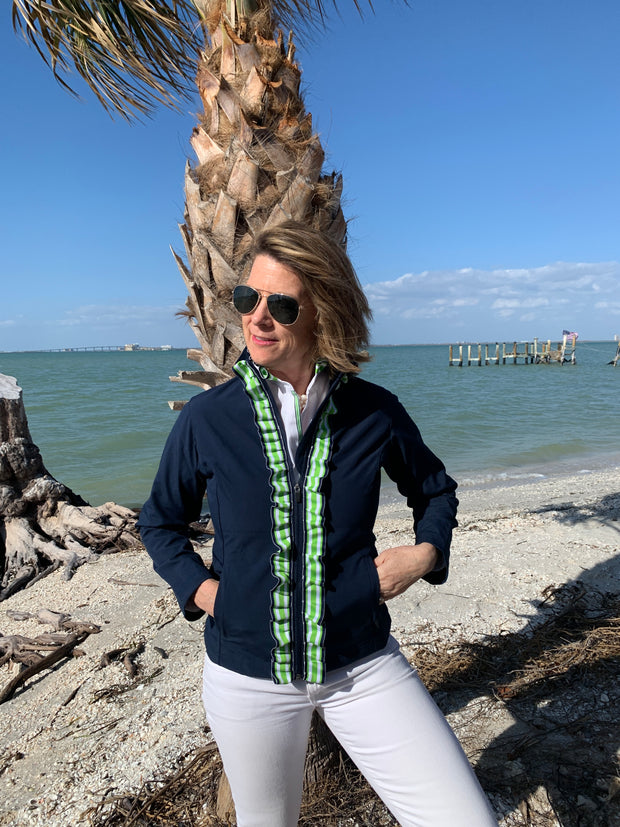 Sailor Soft Shell Jacket - Navy w Green & White Stripe Ruffle Ribbon (SLR08)