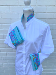 Beth Bell Sleeve - White w/Turquoise Stripe & Turquoise Paisley (LB41)