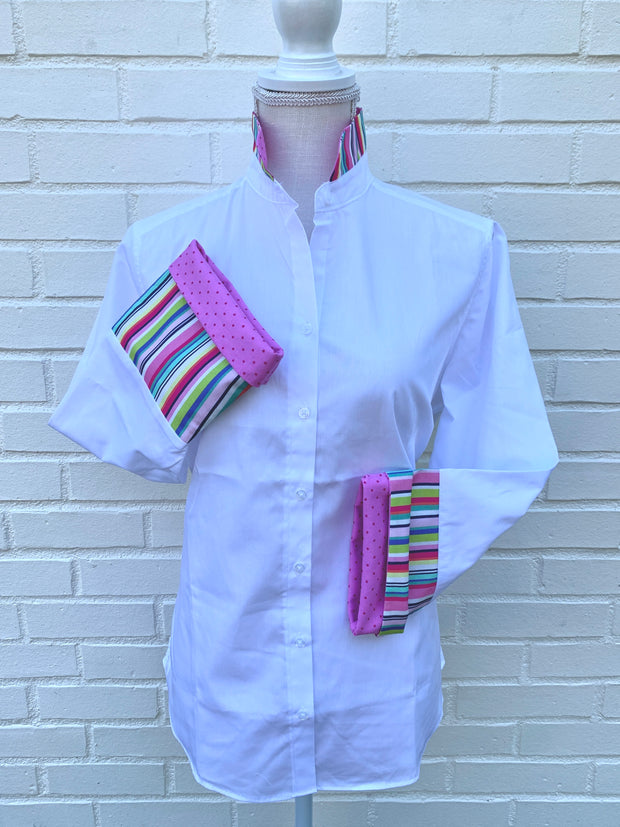 SALE - M ONLY - Beth Bell Sleeve - White w/Multi Stripe & Pink Dot (LB42) *FINAL SALE