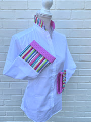 SALE - M ONLY - Beth Bell Sleeve - White w/Multi Stripe & Pink Dot (LB42) *FINAL SALE