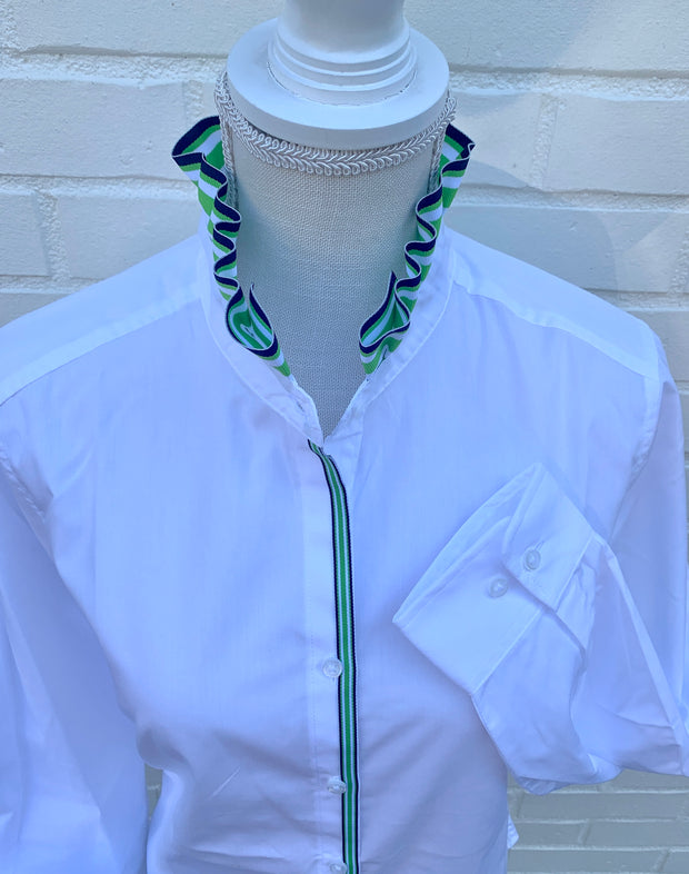 Kate Ruffled Ribbon Collar - White w Navy & Green Stripe Ribbon (KT01)