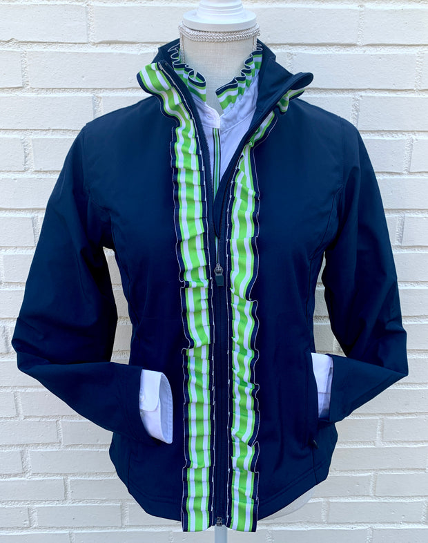 Sailor Soft Shell Jacket - Navy w Green & White Stripe Ruffle Ribbon (SLR08)