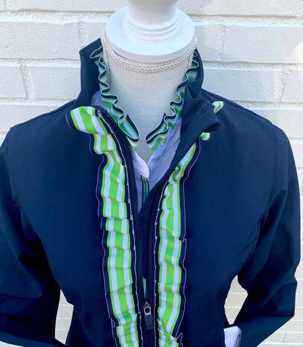 Sailor Soft Shell Jacket - Navy w Green & White Stripe Ruffle Ribbon (SLR08)