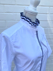 Kate Ruffled Ribbon Collar - White w Navy & White Stripe Ribbon (KT03)