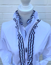 Kate Ruffled Ribbon Collar - White w Navy & White Stripe Ribbon (KT03)